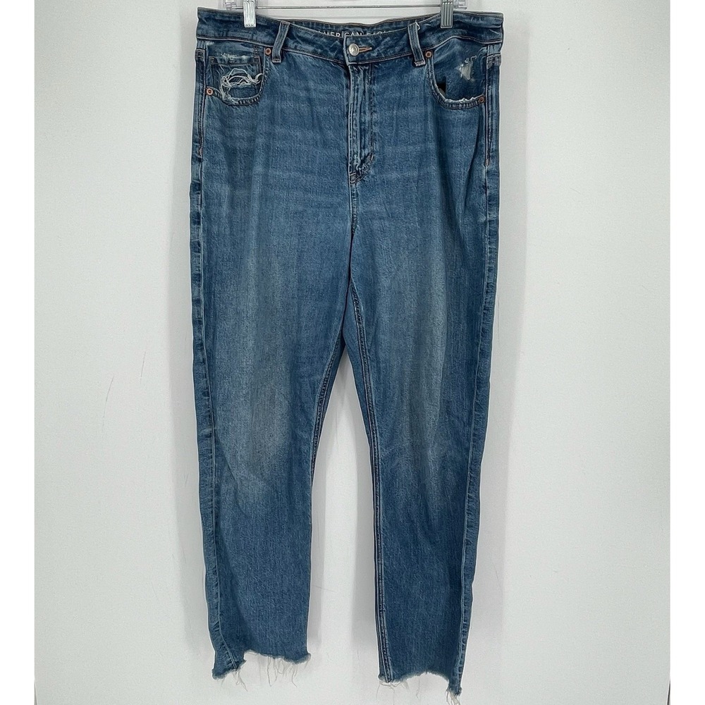 American Eagle Women's Blue Strigid Distressed Raw Hem Denim Mom Jeans Size 14